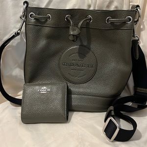 Coach shoulder bag purse & wallet set green leather canvas strap